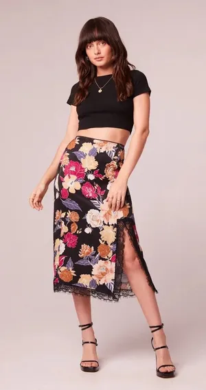 Band of the Free NWT Women's Lilou Black Floral Lace Slip Midi Skirt - M thumbnail 1