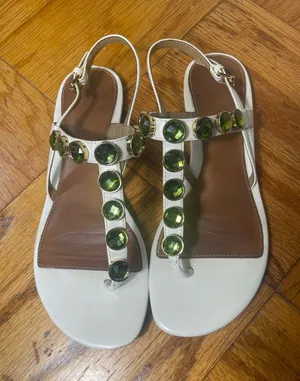 Tory Burch White T-Strap Sandals with Green Gemstones thumbnail 1
