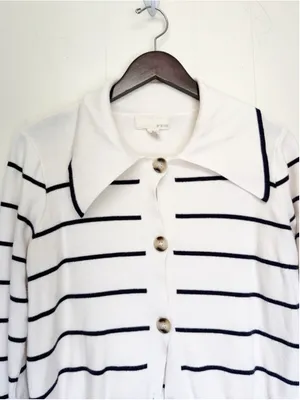 BY DESIGN Striped Button Collared Cardigan White Black Medium thumbnail 2