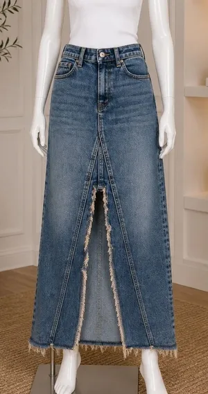 Third Womens Denim Maxi Skirt Distressed Front Slit Blue XL thumbnail 1