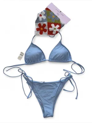 Aerie Light Sky Blue Bikini M & Crochet Bandana Set thumbnail 1