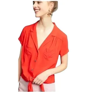 Maeve Anthropologie Shirt Women 4 Red Collared‎ Button Down Tie Front Top Preppy thumbnail 2