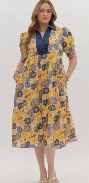 New!Entro Boutique Cotton Yellow Floral Midi Dress Pocket Navy Trim Size 2X thumbnail 1