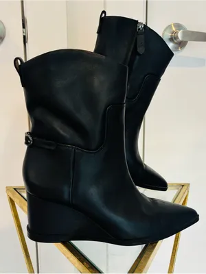 NWOB Franco Sarto Etta Black Leather shark booties wedge size 8M thumbnail 2