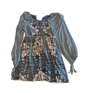 Free People Oksana Printed Boho Mini Dress Marine Combo thumbnail 1
