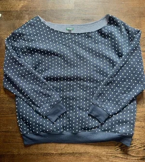Navy blue polka dot off the shoulder crewneck thumbnail 1