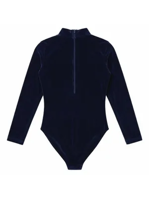 J.B. Bloomers Navy Adult M Mockneck Long Sleeve Bodysuit Leotard Zip Back thumbnail 3