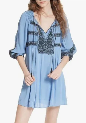 Free People Wind Willow Boho Embroidered Peasant Dress. Periwinkle Gauzy Size S thumbnail 1