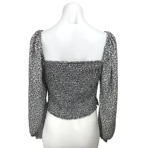 Abercrombie & Fitch Black Floral Square Neck Puff Long Sleeve Crop Top Blouse S thumbnail 2