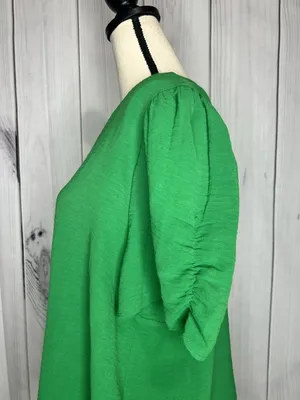 Jodifl Womens Sz Large Bright Green Short Ruched Sleeve V-Neck Blouse thumbnail 5