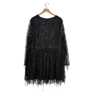 Double Crazy Sequin Mini Dress Plus Size 4XL Black Deep V-Neck Party Club Fringe thumbnail 2