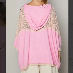 NEW POL Pink Blush Oversized Peace Sign Floral Mixed Media V-Neck Hoodie Top S thumbnail 4
