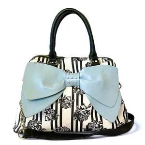 Betsey Johnson Blue Bow Faux Leather Floral Stripe Dome Satchel Bag Handbag thumbnail 1
