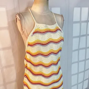 Lulus Natural Bliss NWT Ivory Striped Crochet Lace Up Halter Midi Dress Medium thumbnail 6