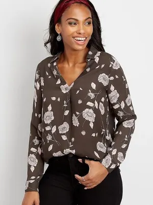 🦋 Maurices Grey Pink Floral V-Neck Long Sleeve Blouse Small thumbnail 1