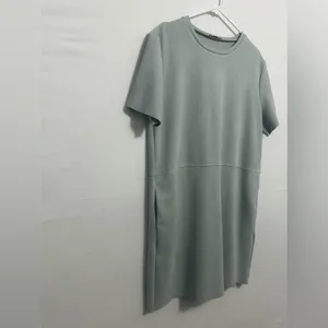 Zara women’s size L Sage Green Shift Dress Raw Hem Short Sleeve Pockets(A425)✨ thumbnail 7