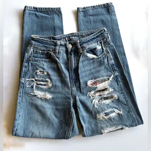 American Eagle Plaid Patchwork Distressed Mom Straight Jean thumbnail 1