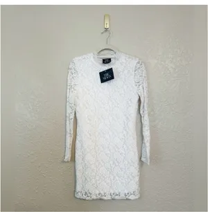 White long sleeve lace mini dress reception bridal bachelorette dress size M/L thumbnail 3