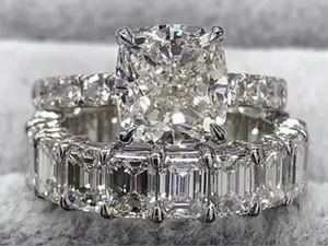 Boutique Lab-Created 3.50CT Cushion Cut Diamond Engagement Wedding Ring Set 14K Gold Over thumbnail 1
