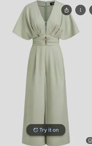 CIDER Women's Linen Blend V-Neck Ruched Pale Green Wide-Leg Jumpsuit thumbnail 1