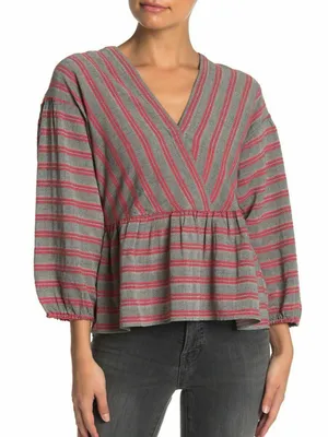 Madewell red and gray striped blouse with puffy sleeves, size XL thumbnail 1