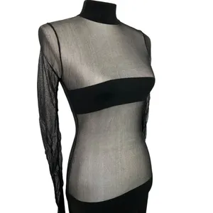 MONOT Contrasting Bands Mini Dress in Black 2 New Womens Sheer Panel Long Sleeve thumbnail 5