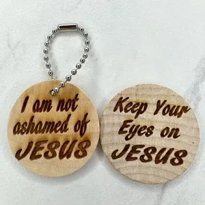 Keep Your Eyes on Jesus Romans 1:16 Wood Ball Chain Keychain Keyring and Disk thumbnail 1