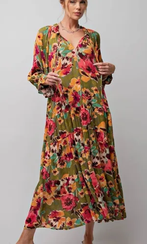 NWT Sabrina Olive Rose Printed 3/4 Sleeve Dress Size Small Tiered thumbnail 1