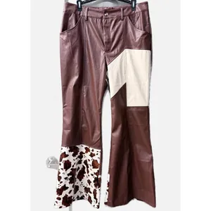 Ursime Western Cow Pattern PU Leather High Waist Bell Bottom Pants - Size XL thumbnail 4