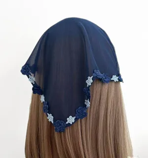 Indigo Blue Mesh Crochet Trim Triangle Headband –Elastic Boho Hair Scarf – Cottagecore Headband for Women – Festival Hair Accessory thumbnail 1