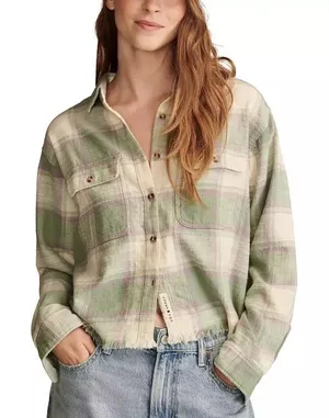 Lucky Brand Women's XS Cotton Raw Edge Plaid‎ Cropped Button Down Top Flannel thumbnail 1