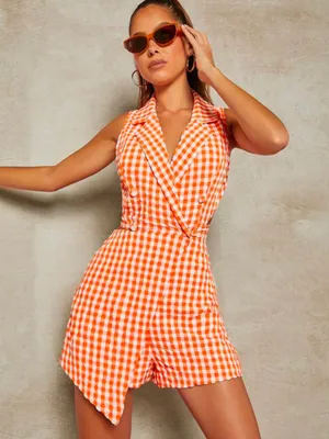 SHEIN Orange Gingham Sleeveless Wrap Romper thumbnail 1