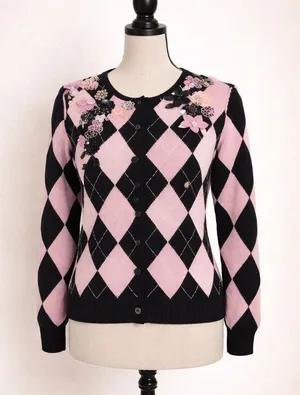 Victor Costa Embellished Argyle Cardigan Women’s XS Pink Black Occasion Knit Swe thumbnail 1