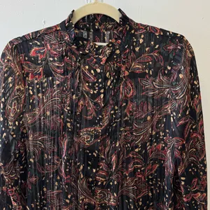 NWT Mango Floral Paisley Metallic Contemporary Ruffle‎ Sheer Blouse Blk Burgundy thumbnail 3