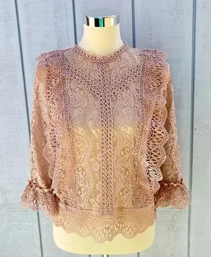 Melograno Rico Lace Blush Blouse See-through Top Long Sleeve Size Small thumbnail 1