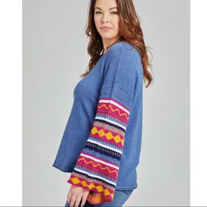 Killian BoHo Bohemian Patterned Sleeve Dusty Blue Bell Sleeve Sweater NWT thumbnail 7