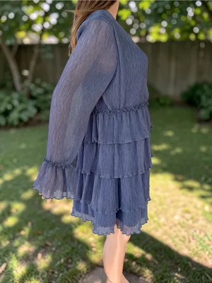 Lulus NWT Dusty Blue Tiered Chiffon Mini Dress Sheer Bell Sleeve M thumbnail 4