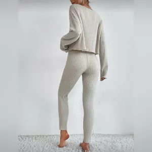 SHEIN Drop Shoulder Ribbed Knit Top & Pants Set, Khaki, Size XS, EUC thumbnail 3