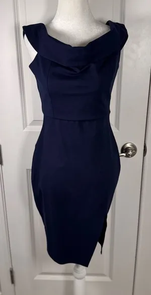 Lulus Navy Off Shoulder Sheath Midi Dress Stretch Lined Size M thumbnail 1