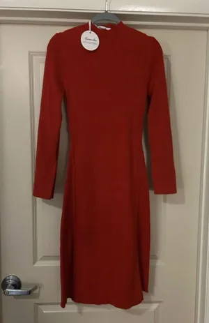 NEW Bell Long Sleeve Sweater Bodycon Ribbed Knit Pullover Midi Dress M NO BELT thumbnail 1