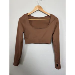 Brown Ribbed Seamless Long Sleeve Crop Top Square Neck Thumbhole‎ L thumbnail 3