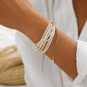 NWOT‎ Multi Strand Faux Pearl Adjustable Bracelet Layered Boho Jewelry thumbnail 2