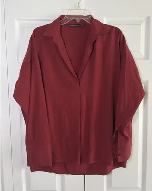 Zara Woman Oversized Tunic Blouse Womens Size XL Burgundy Red Lyocell V-Neck Top thumbnail 1