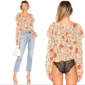 Free People Intimately Say It To Me Bodysuit Long Sleeve Orange Floral XS thumbnail 4