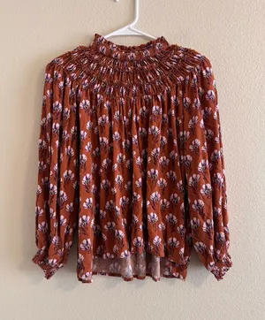 Bohme Smocked-Neck Floral Tunic Top in Rust with Pink Accents thumbnail 1