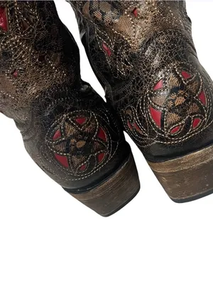 CORRAL Black Crackle Red Inlay Snip Toe Western Cowboy Boots Size 8M A1951 thumbnail 4