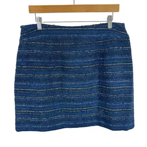 LOFT Blue Gold Shimmery Wool Blend Straight Lined Boucle‎ Mini Skirt Size 12 thumbnail 2