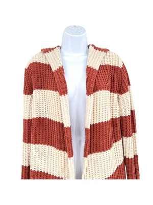 POL Striped Hooded Open Cardigan Sweater Rust Cream Size Small Cozy Boho thumbnail 2