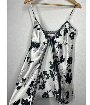 Victorias Secret Satin Tie Front Babydoll Chemise Top Large Lingerie White Black thumbnail 3