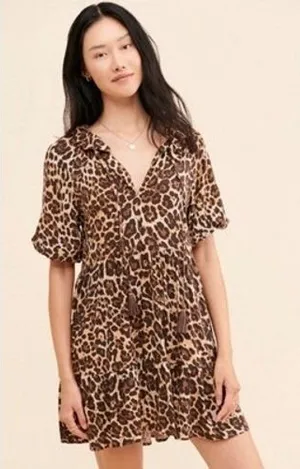 Especia Palmar Leopard Dress Women Small Brown Tassel Tiered Mini Animal‎ Anthro thumbnail 1